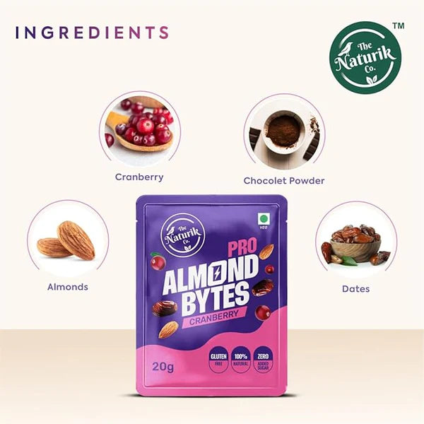 Almond bytes | Cranberry (Sweetened With Dates) - Pro - 100% naturalGluten Free & No Added Sugar - The Naturik Co - 20gm