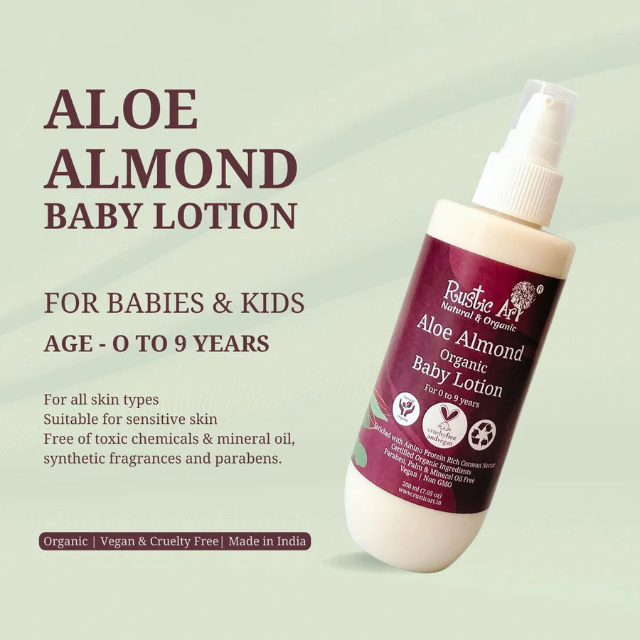 Baby Lotion | Aloe Almond Baby Lotion (Enriched With Amino Protein Coconut Nectar) - For 0 To 9 Years - Vegan, Non GMO, Paraben Free & No Added Mineral Oil - Rustic Art - 200ml