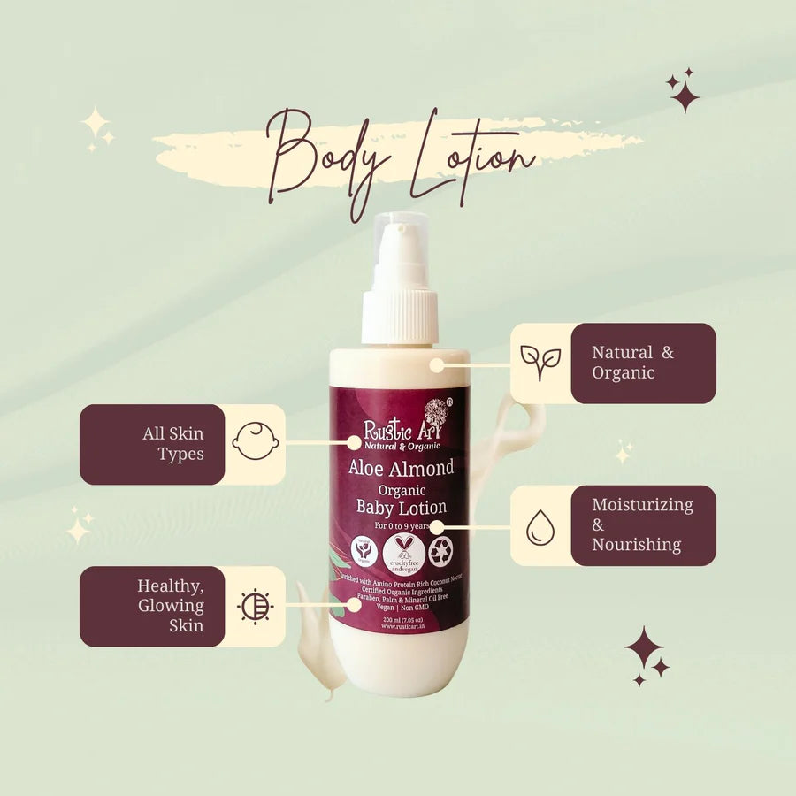 Baby Lotion | Aloe Almond Baby Lotion (Enriched With Amino Protein Coconut Nectar) - For 0 To 9 Years - Vegan, Non GMO, Paraben Free & No Added Mineral Oil - Rustic Art - 200ml