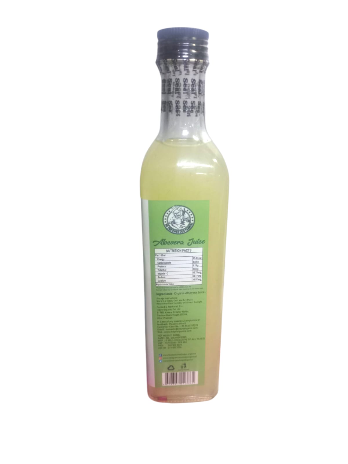 Aloevera Juice | 100% Organic - No Added Flavours, Colours & No Added Preservatives - Indyo Organic - 500ml