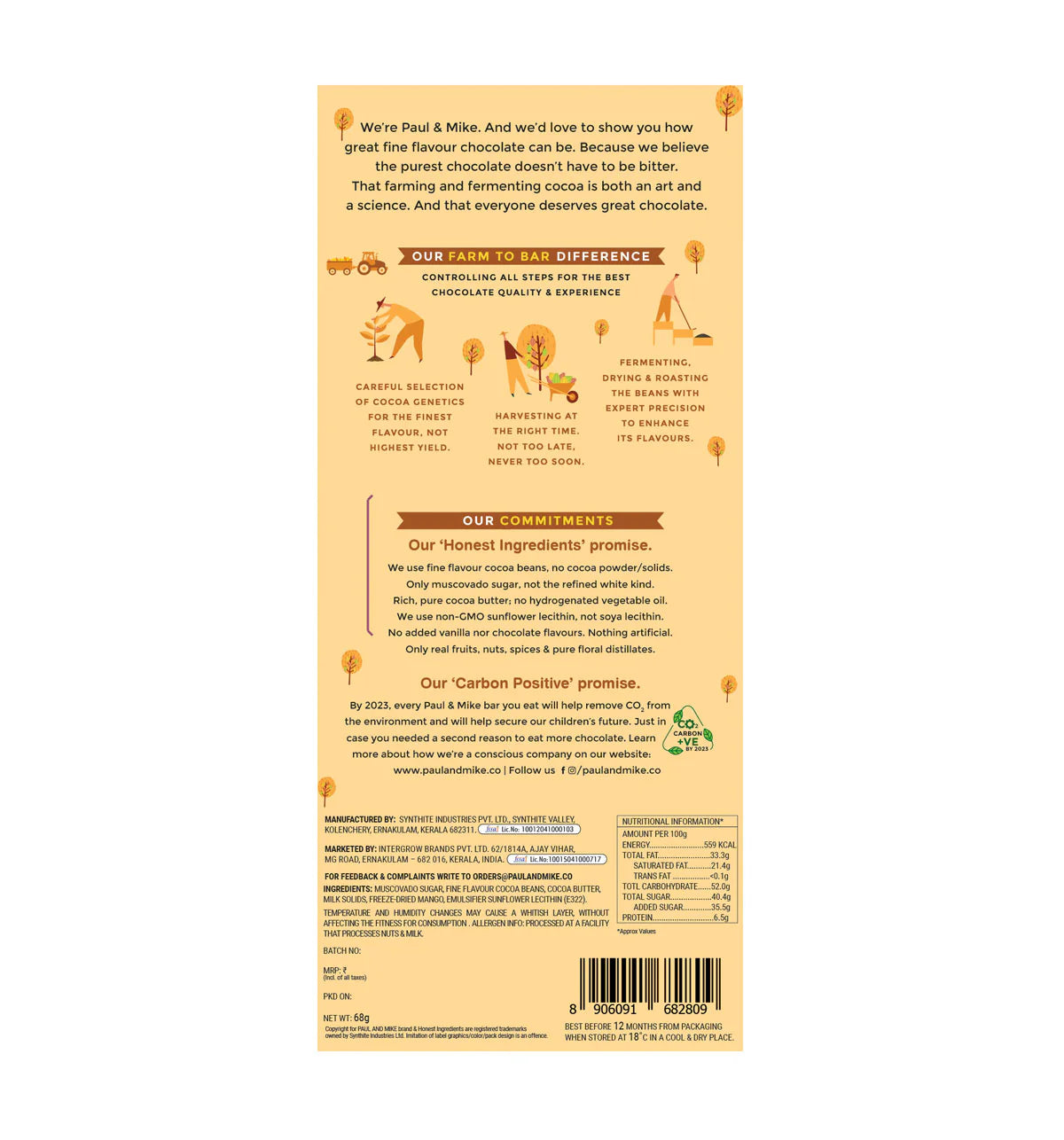 Milk Chocolate | 49% Fine Milk Chocolate With Alphonso Mango - Soy Free - Paul & Mike - 68gm