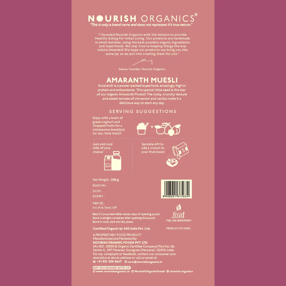 Amaranth Muesli - Gluten Free, No Added Sugar, High Protein, Low Calorie & Lactose Free – Nourish Organics - 300gm