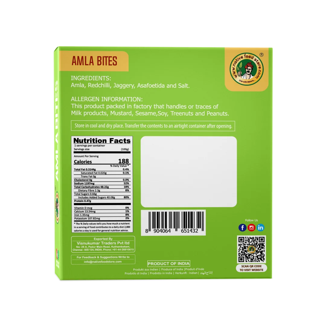 Amla Bites | Nellikai Mittai - Sweet & Spicy - Natural - Gluten Free, No Additives & Low In Calories - Native Food Store - 100gm
