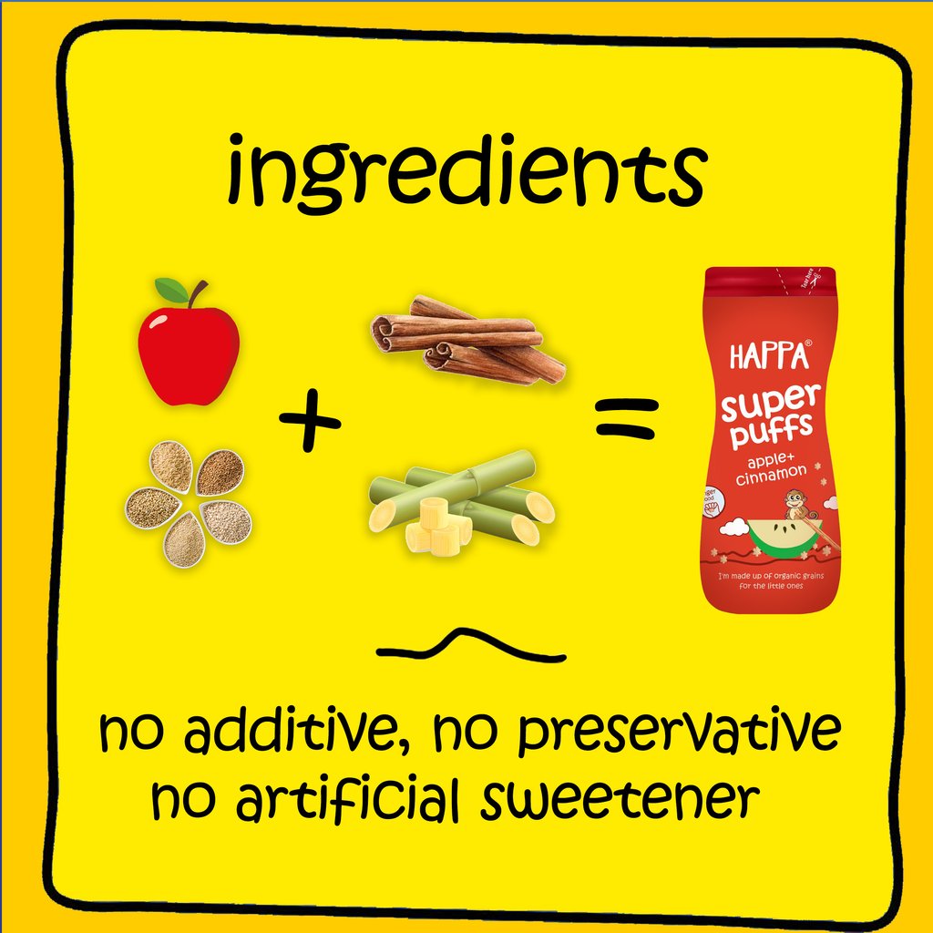 Puff | Apple And Cinnamon Puff – Organic - Gluten Free, No Added Preservatives, No Added Sugar & No Salt - Happa - 40gm