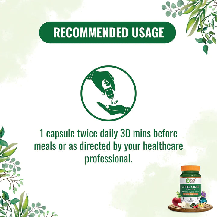 Apple Cider Vinegar | With Wheat Grass And Spirulina - General Wellbeing - Boosts Metabolism And Promotes Weight Loss & No Added Sugar - Pure Nutrition - 610mg - 60 Capsules