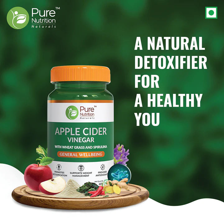 Apple Cider Vinegar | With Wheat Grass And Spirulina - General Wellbeing - Boosts Metabolism And Promotes Weight Loss & No Added Sugar - Pure Nutrition - 610mg - 60 Capsules