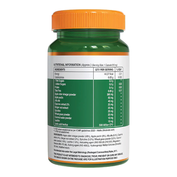 Apple Cider Vinegar | With Wheat Grass And Spirulina - General Wellbeing - Boosts Metabolism And Promotes Weight Loss & No Added Sugar - Pure Nutrition - 610mg - 60 Capsules