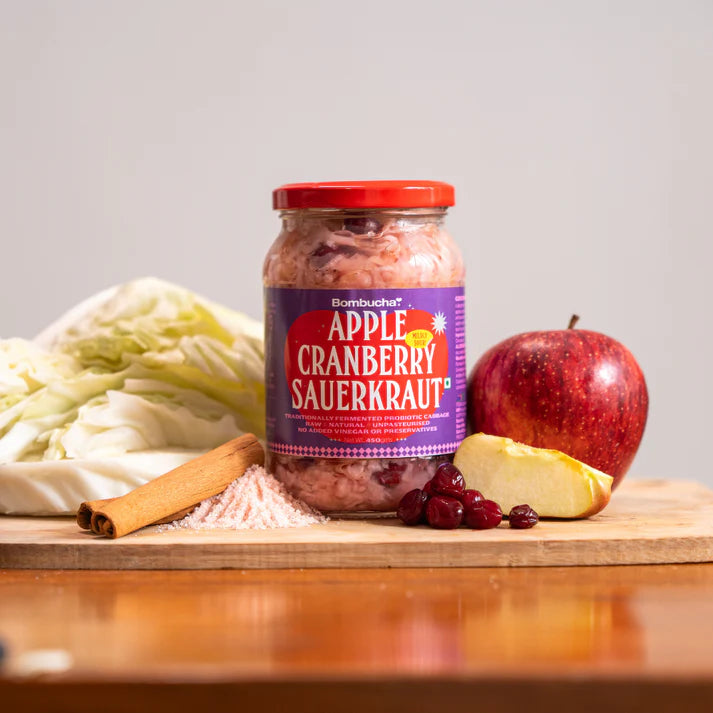 Sauerkraut | Apple Cranberry & Cabbage - Mildly Sour - Naturally Fermented Probiotic Cabbage - Raw - Natural - Unpasteurised - No Added Vinegar & No Added Preservatives - Bombucha - 450gm