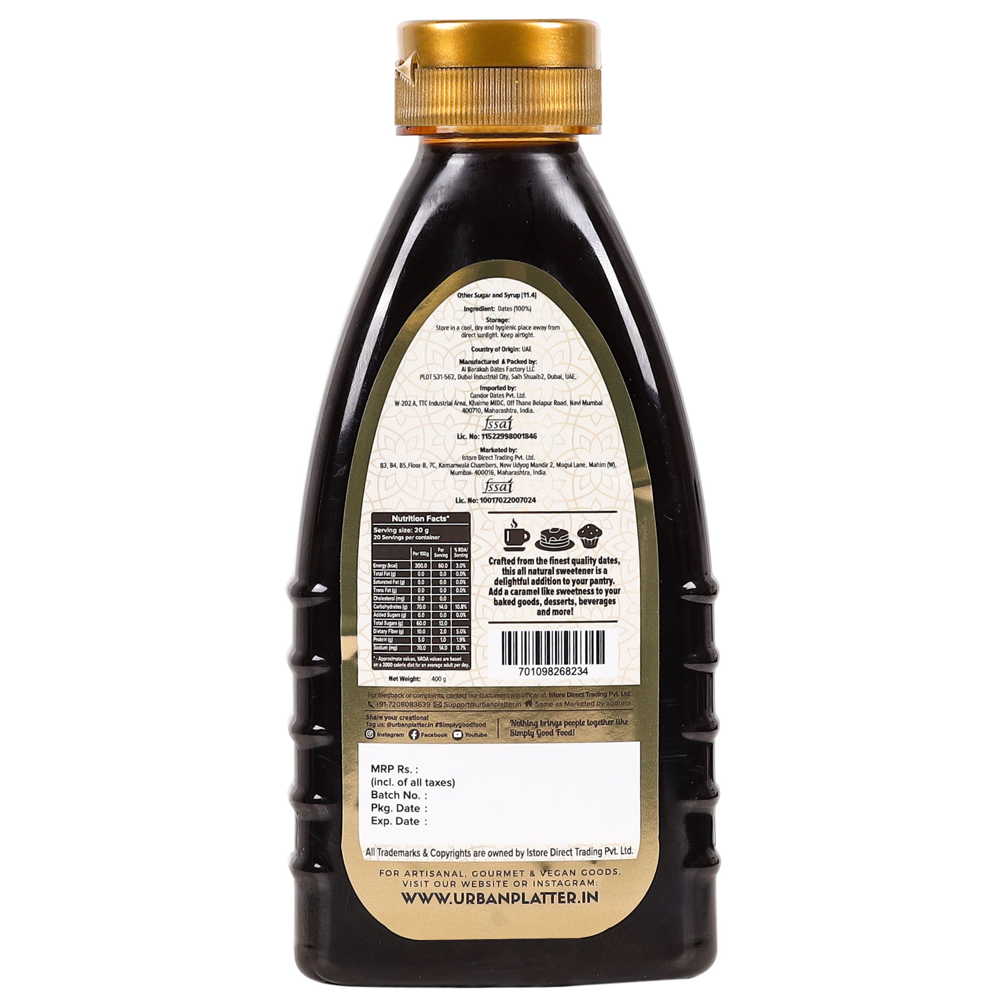 Date Syrup | Arabian - Natural Sweetener - Vegan, Dairy Free & Nut Free - Urban Platter – 400gm