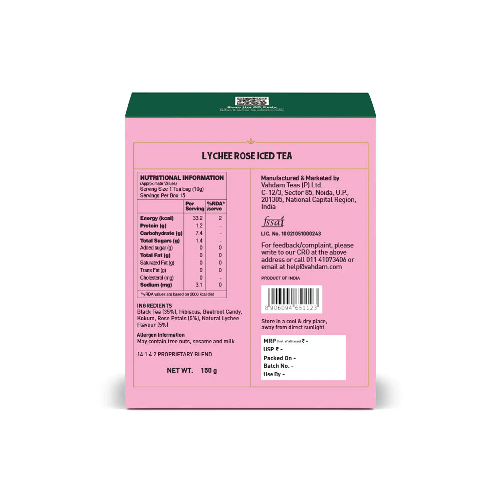 Tea | Lychee Rose Refreshing Iced Tea – Fruity, Floral & Refreshing Notes – Low Caffeine – Vahdam – 15 Pitcher Tea Bags