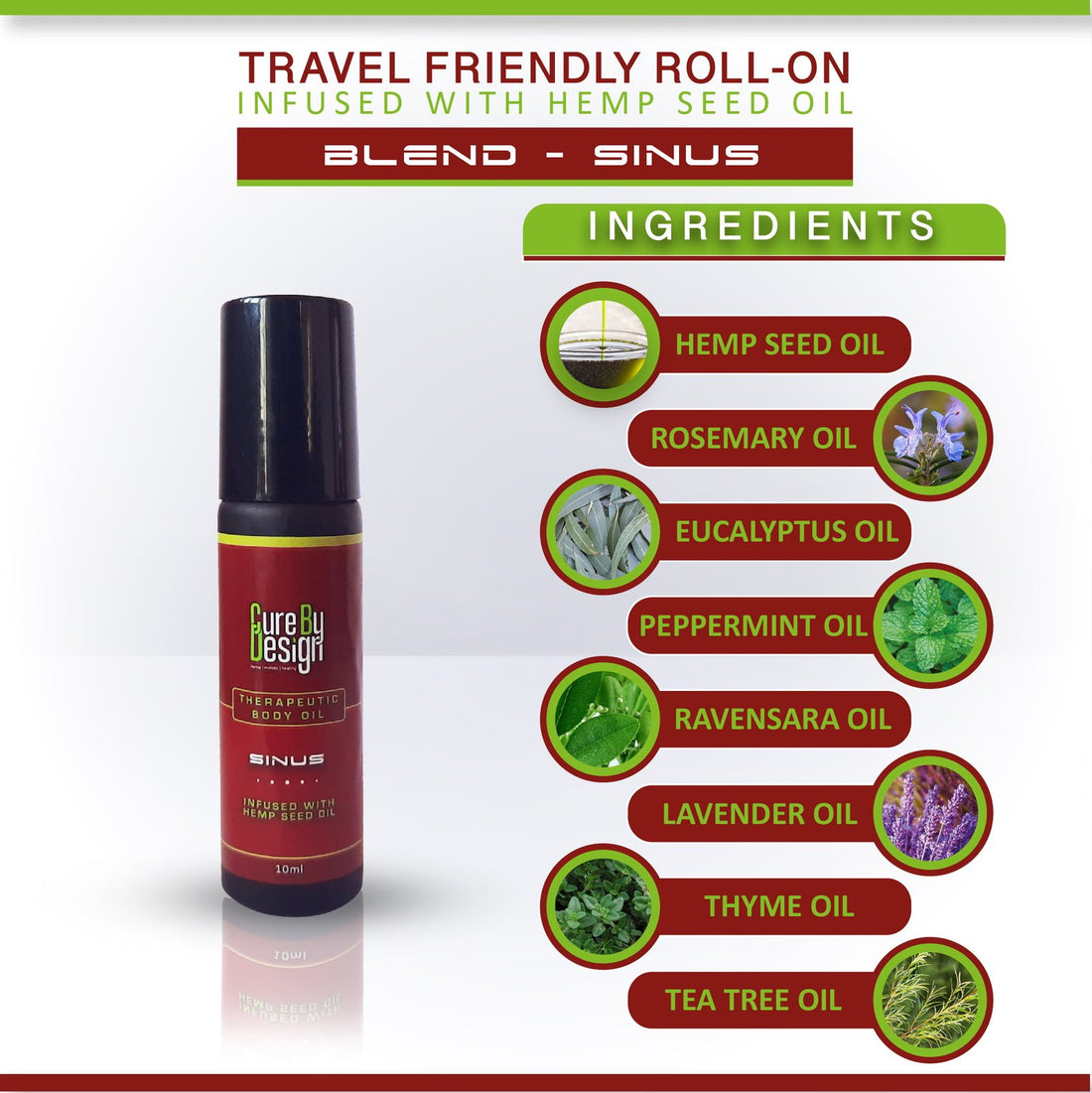 Body Oil | Theraputic Body Oil (Sinus) - Infused With Hemp Seed Oil - Cure By Design - 10ml