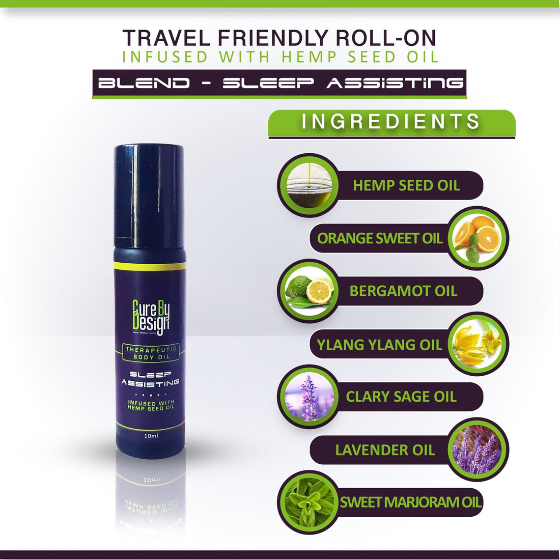 Body Oil | Theraputic Body Oil (Sleep Assisting) - Infused With Hemp Seed Oil - Cure By Design - 10ml