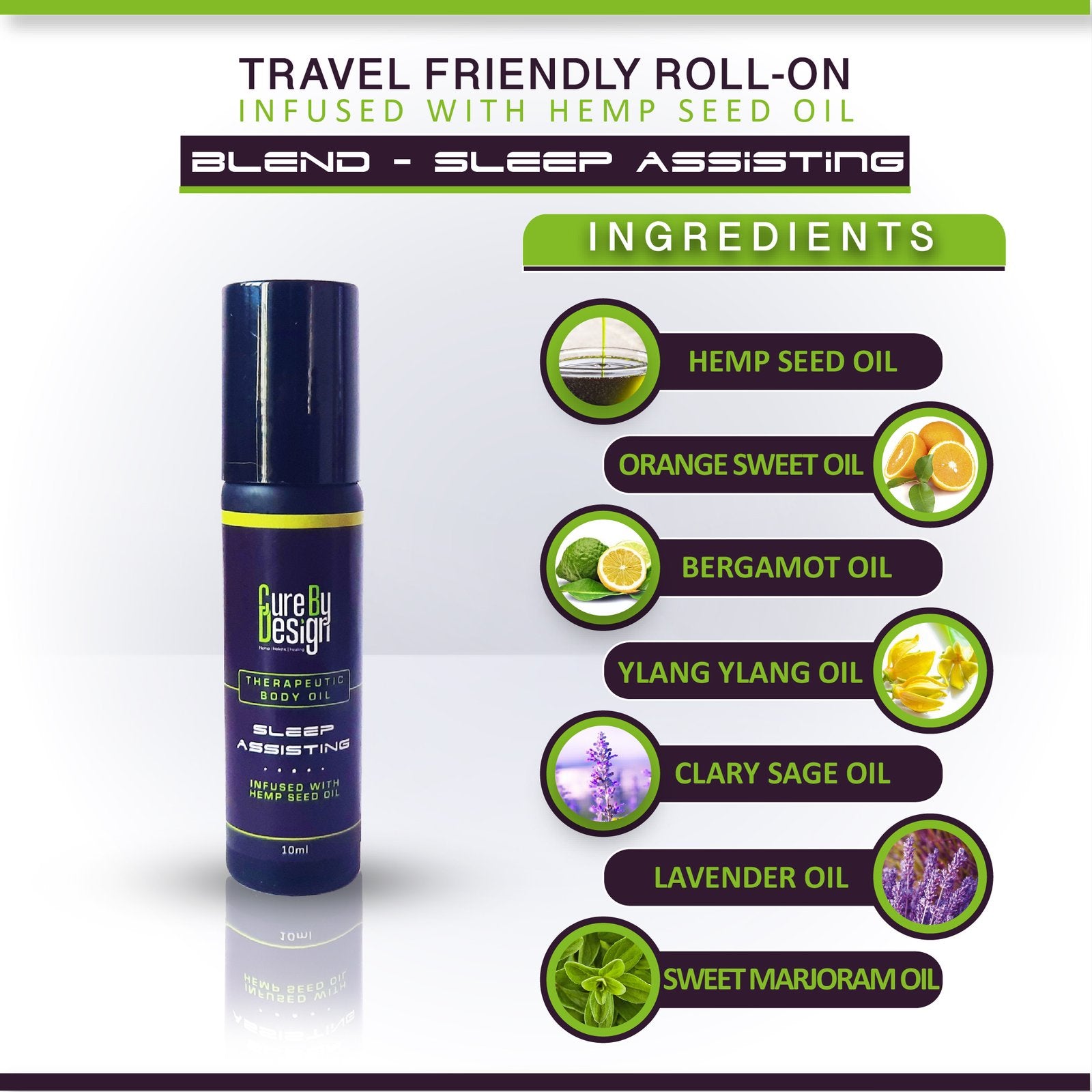 Body Oil | Theraputic Body Oil (Sleep Assisting) - Infused With Hemp Seed Oil - Cure By Design - 10ml