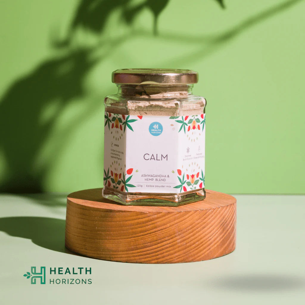 Calm | Ashwagandha & Hemp Blend - Edible Powder Mix – For Stress Relief – Natural – Vegan, Gluten Free, Soy Free & No Additives – Health Horizon – 120gm