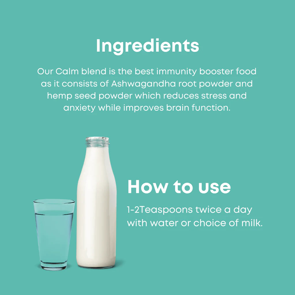 Calm | Ashwagandha & Hemp Blend - Edible Powder Mix – For Stress Relief – Natural – Vegan, Gluten Free, Soy Free & No Additives – Health Horizon – 120gm