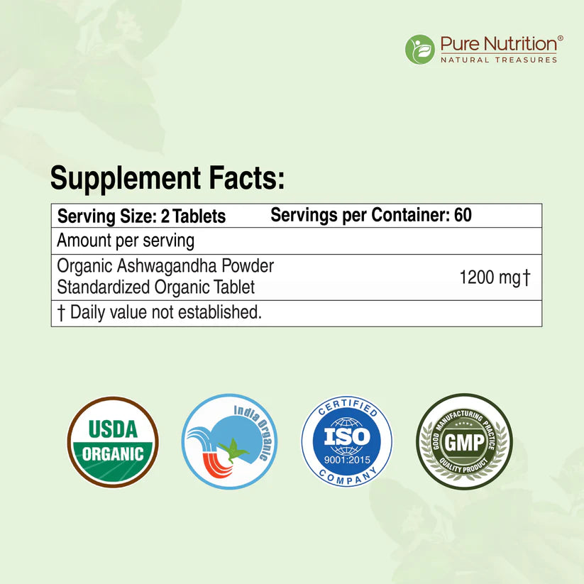 Ashwagandha Tablets | 1200mg – For Strength And Stamina – Organic – Supports Stress Management, Sleep, Fertility, Immunity, Vitality And Strength – Pure Nutrition – 120 Tablets
