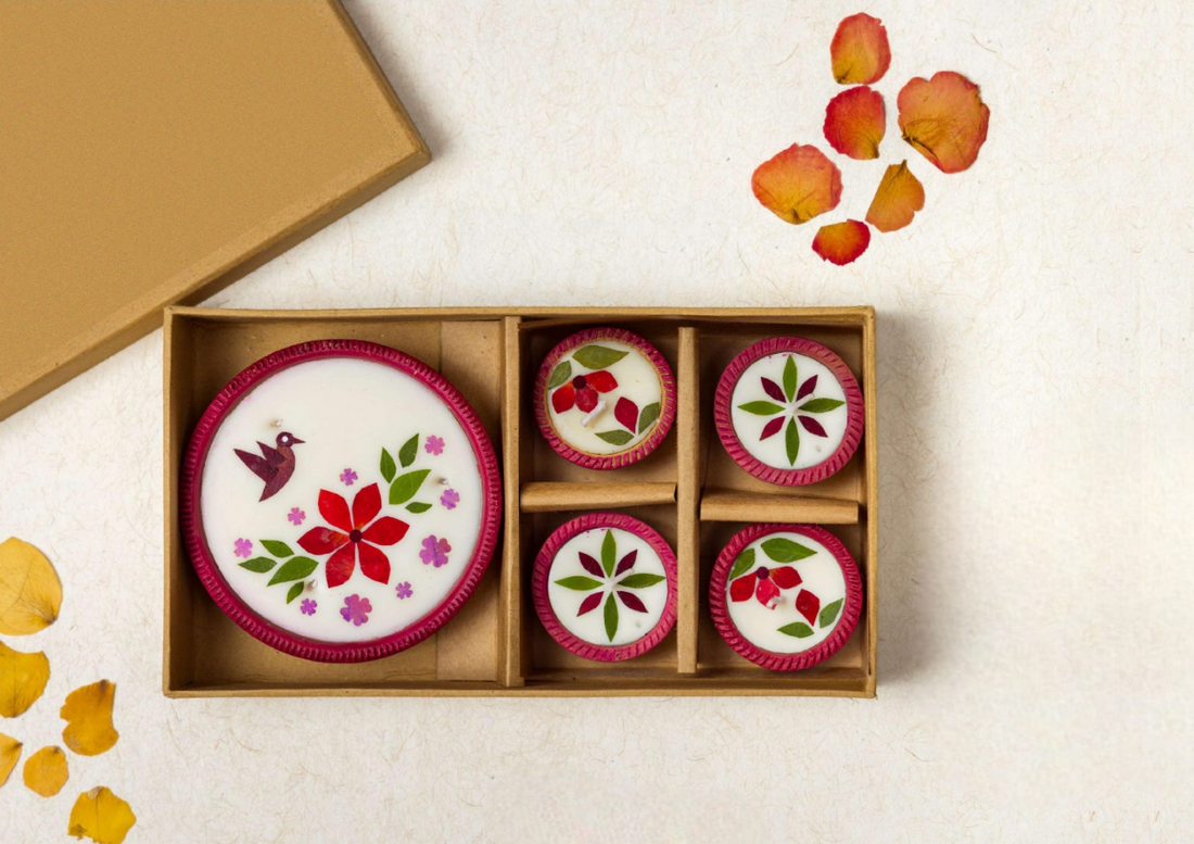 Diya | Assorted Katori Diya Set - Handcrafted – Eco Friendly Soy Wax, No Chemical & No Harmful Fumes – Nature’s Soul – (Box) - 26x14.5x5.5cm