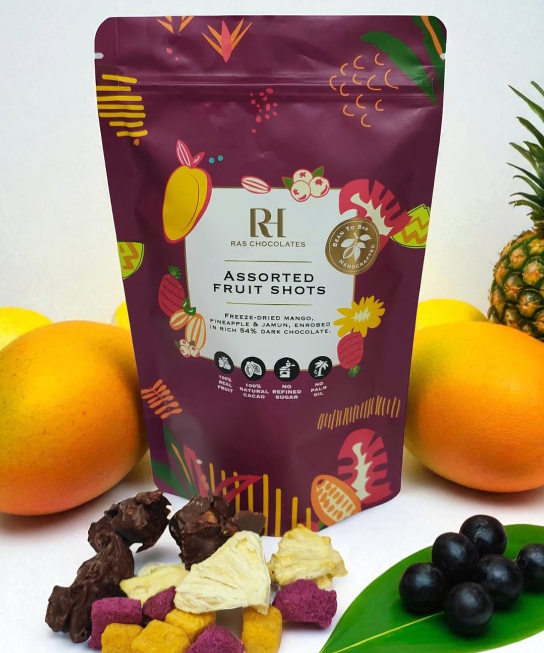 Assorted Fruit Shots - Freeze Dried Pineapple & Jamun, Enrobed In Rich 54% Dark Chocolate - 100% Natural Cacao And Real Fruit - No Refined Sugar & No Palm Oil - Ras Chocolate - 100gm