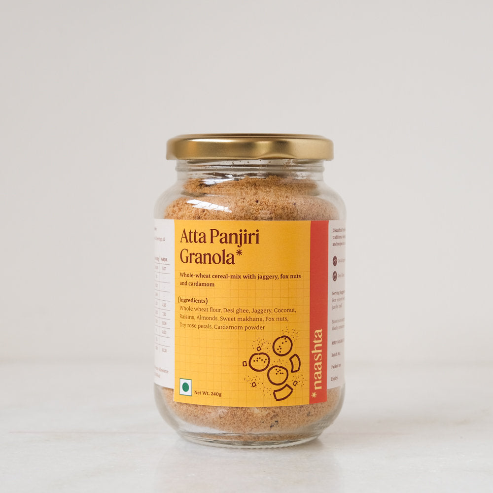 Panjiri | Atta Panjiri Granola (Whole Wheat Cereal Mix With Jaggery Fox Nuts And Cardamom) – Made In Desi Ghee – Natural - Gluten Free – Amrit Bhawan – 240gm