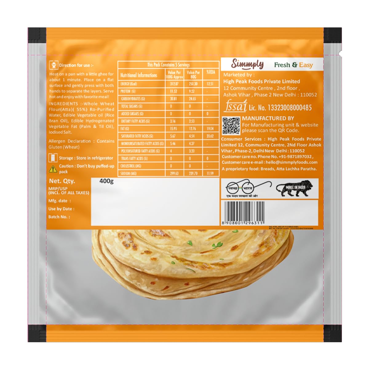 Lachha Paratha | Atta Lachha Paratha - 100% Natural- Ready To Eat Atta Lachha Paratha - No Added Preservatives & Zero Palm Oil - Simmply - Makes 5 Paratha 400gm