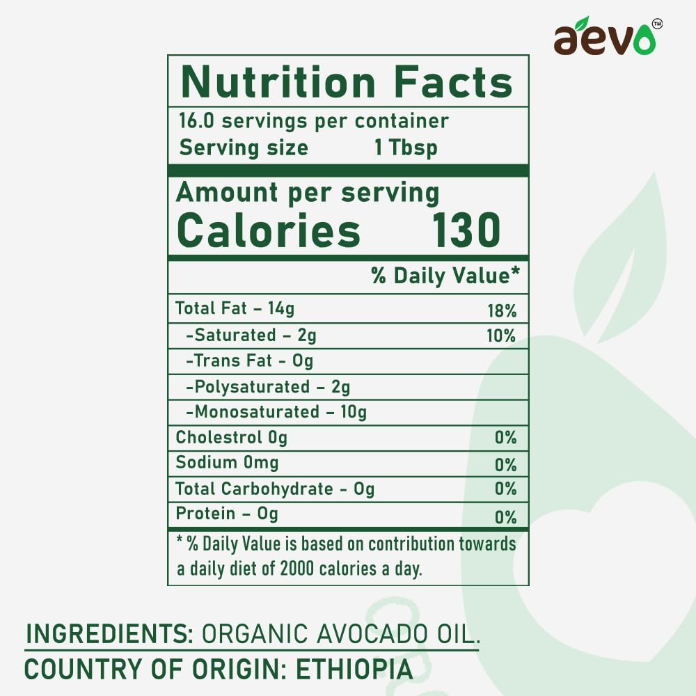 Avocado Oil | Avocado Cooking Oil (Squeezed From Organic Avocado Pulp Without Skin And Seeds) - USDA Organic - 100% Cold Pressed - Aevo - 250ml