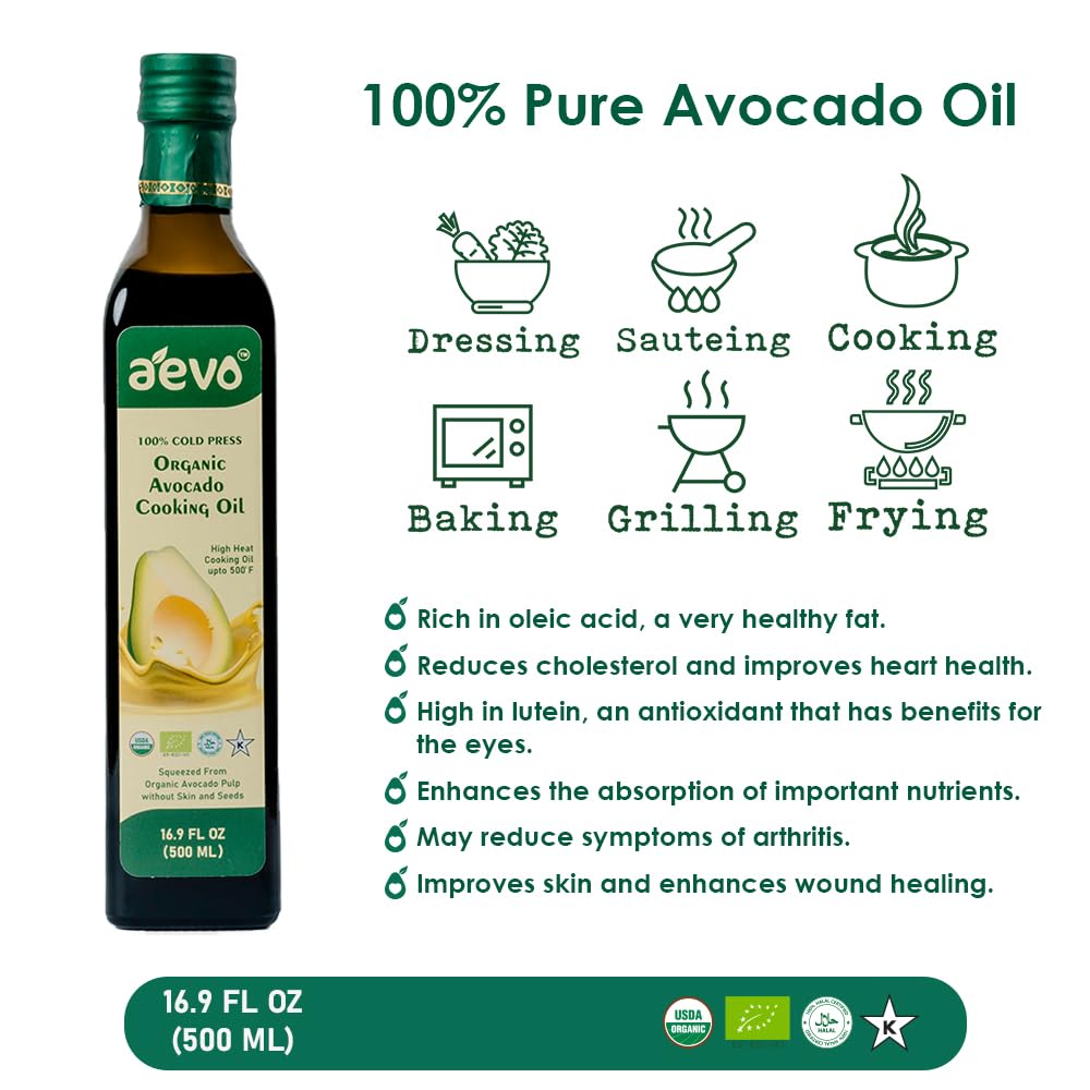 Avocado Oil | Avocado Cooking Oil (Squeezed From Organic Avocado Pulp Without Skin And Seeds) – USDA Organic – 100% Cold Pressed – Aevo – 500ml