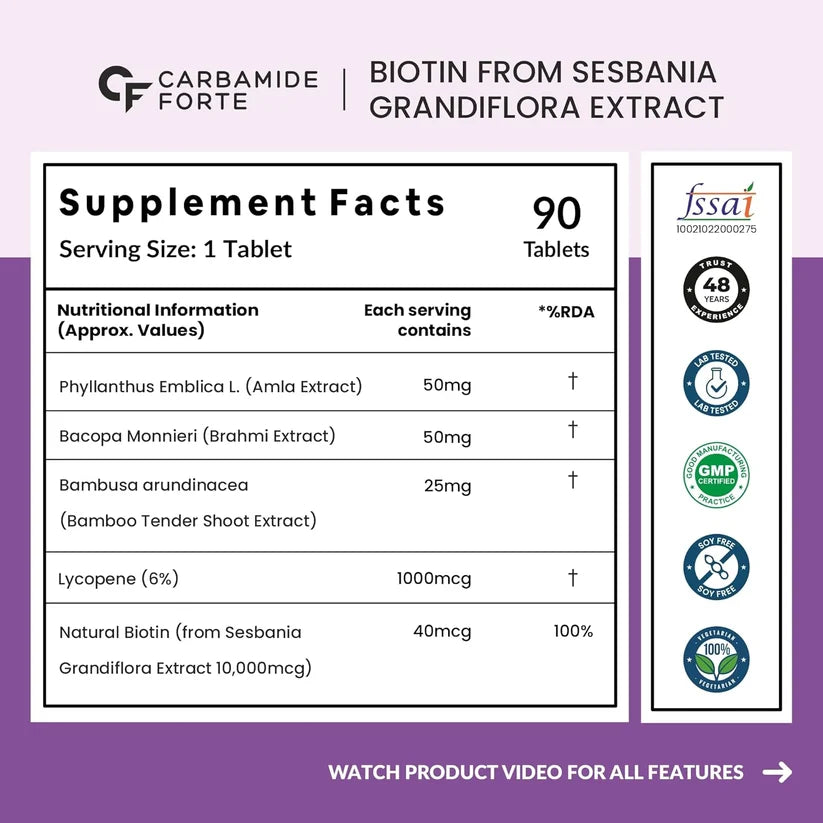 Biotin Tablets for Hair Growth โ Hair, Skin & Nail Support- Supports Hair, Skin, Energy & Immunity - For Women & Men-Vegetarian Tablets- No Artificial Preservative - No After Taste - Carbamide Forte - 90 Capsules