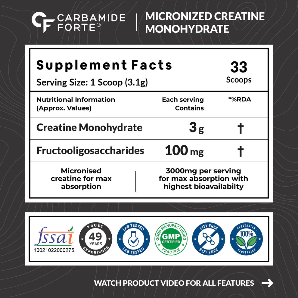 Creatine Monohydrate Unflavoured – Supports Lean Muscles – Strength & Energy – Micronized Powder – Carbamide Forte – 103gm