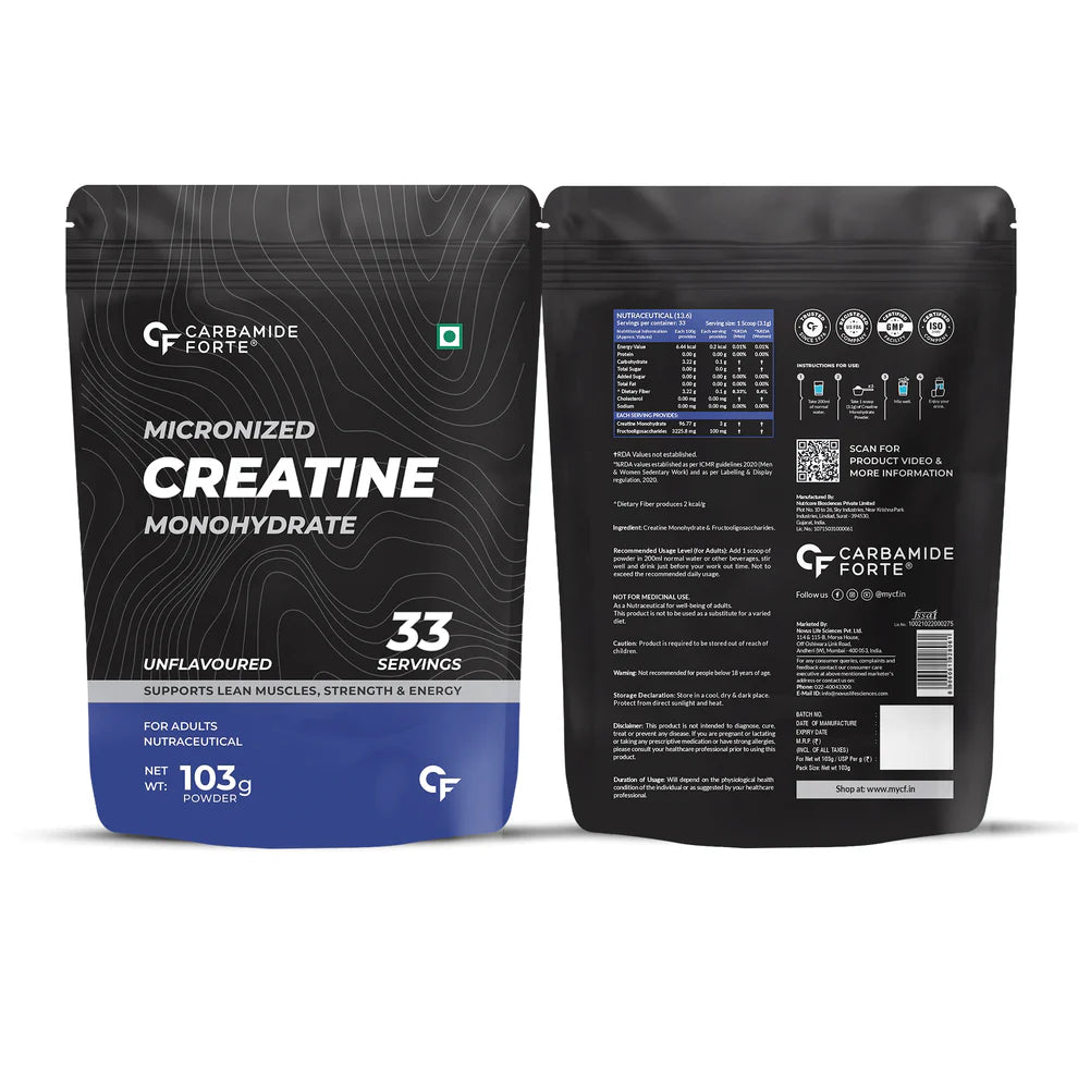 Creatine Monohydrate Unflavoured – Supports Lean Muscles – Strength & Energy – Micronized Powder – Carbamide Forte – 103gm