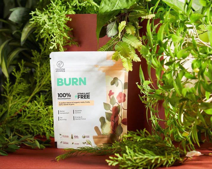 Burn | (A Perfect Blend Of Organic Roots, Fruits, Bark, Leaves & Gum) – Fat Burning - Energy & Mental Focus - Appetite Control - 100% Natural Superfood – Vegan, Non GMO & No Added Preservatives – Rootine Organics – 100gm