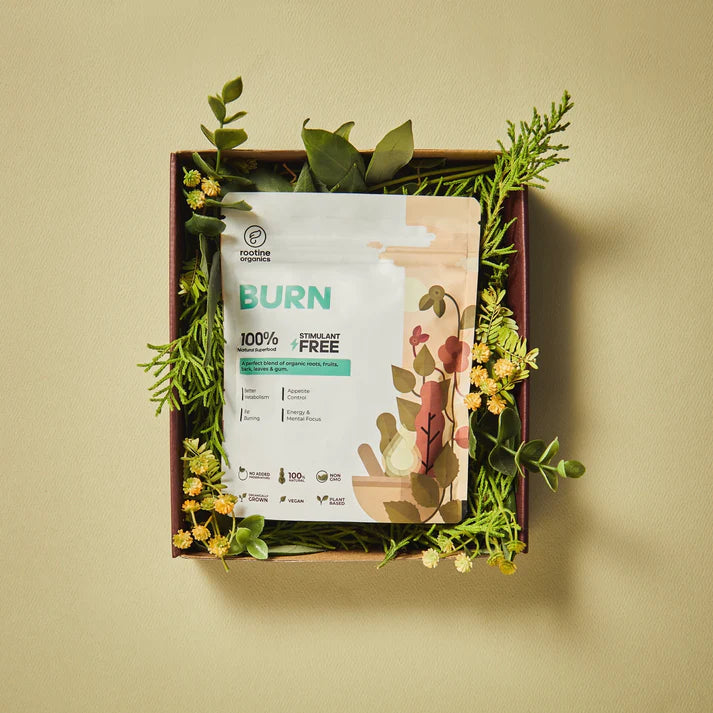 Burn | (A Perfect Blend Of Organic Roots, Fruits, Bark, Leaves & Gum) – Fat Burning - Energy & Mental Focus - Appetite Control - 100% Natural Superfood – Vegan, Non GMO & No Added Preservatives – Rootine Organics – 100gm
