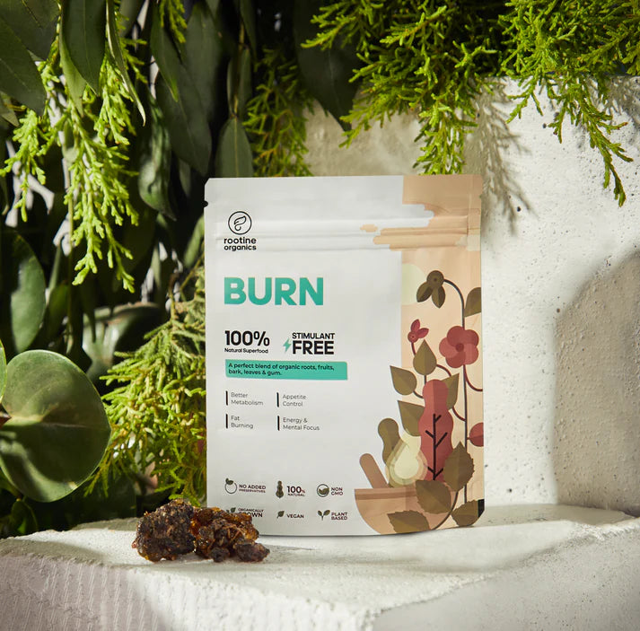 Burn | (A Perfect Blend Of Organic Roots, Fruits, Bark, Leaves & Gum) – Fat Burning - Energy & Mental Focus - Appetite Control - 100% Natural Superfood – Vegan, Non GMO & No Added Preservatives – Rootine Organics – 100gm