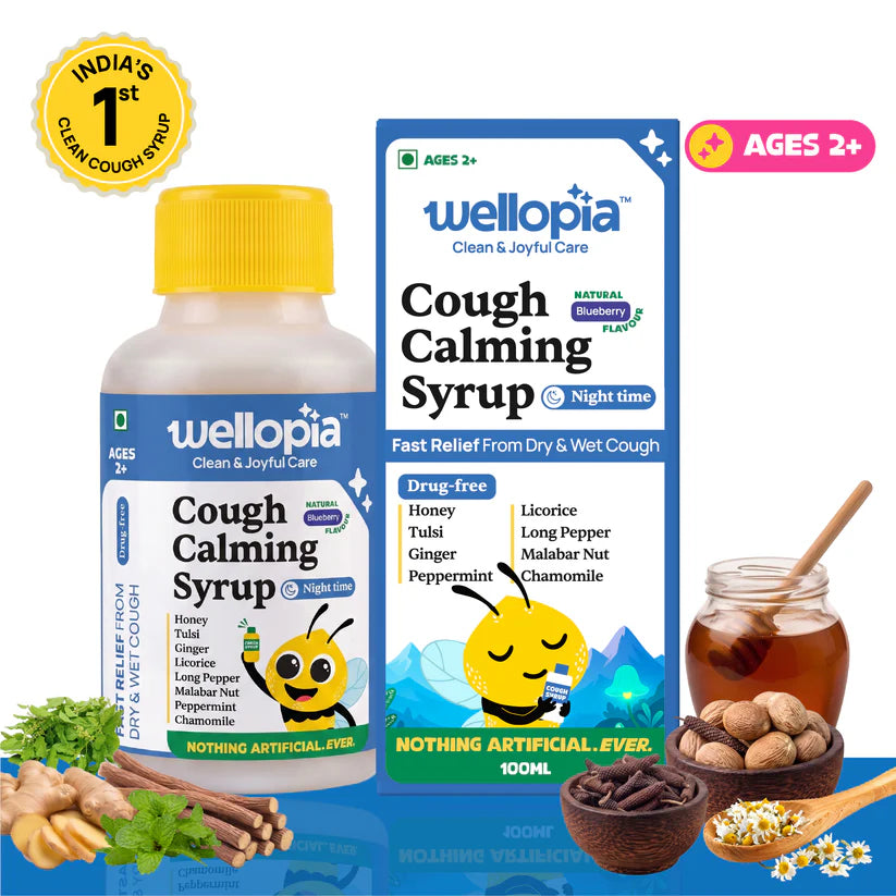 Syrup | Cough Calming Syrup Night Time (Ages 2+)-Blueberry Flavour -Made with honey, ginger, tulsi, amla - No Artificial Preservatives-No Refined Sugar - Natural Flavoured - Wellopia - 100ml