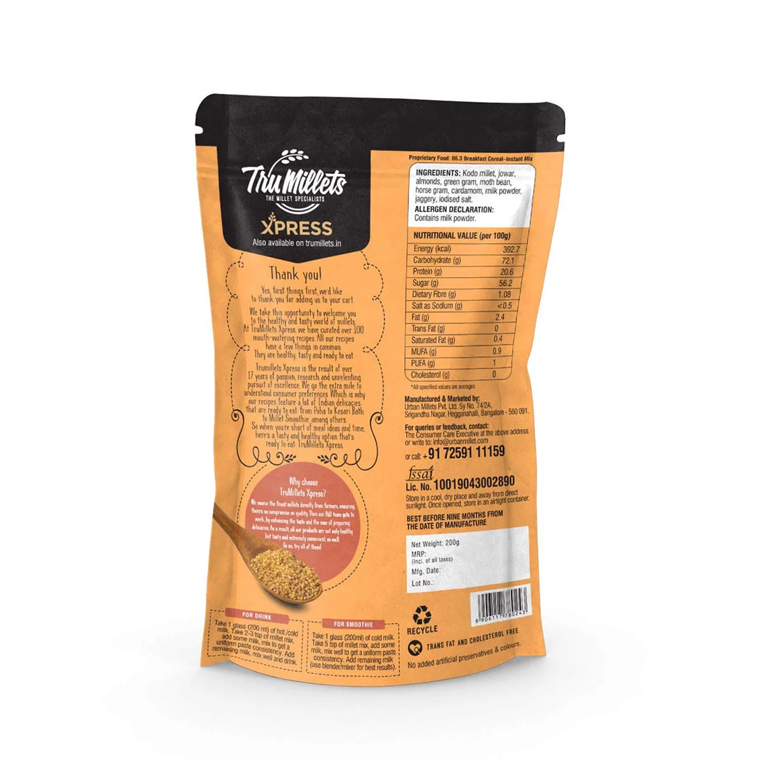 Badam Milk Powder | Millet (Mix And Drink) - High In Calcium, Cholesterol Free, Trans Fat Free, Rich Source Of Protein & Iron - TruMillets - 200gm