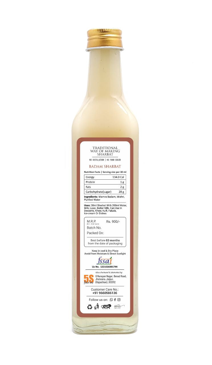 Sharbat | Badam – Taste Of Rajputana - No Added Artificial Colors, Distillation & No Added Preservatives – 5S Farm – 700ml