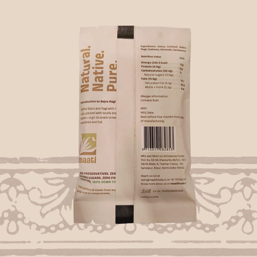 Bar | Bajra Ragi Coconut Cardamom Bar - No Added Preservatives & No Refined Sugar - maati - 52gm