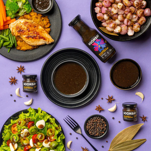 Balsamic + Black Pepper (Tart Smoky Earthy) - Dressing - Grill, Pickle, Dip - Natural - Indian - Gluten Free, No Refined Sugar & No Bad Oil - Boombay - 220gm