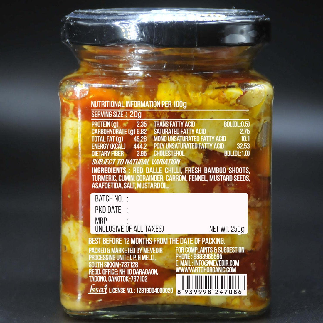 Dalle Bamboo Shoot Pickle - Indian - Vartoh Organic - 250gm