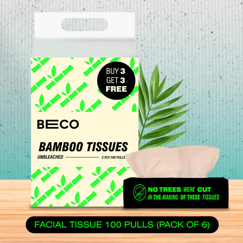 Tissues | Bamboo Facial Tissues - Unbleached (Bamboo Tissue) - Eco Friendly & No Chemical - Beco - 2ply - 100pulls - Pack of 6