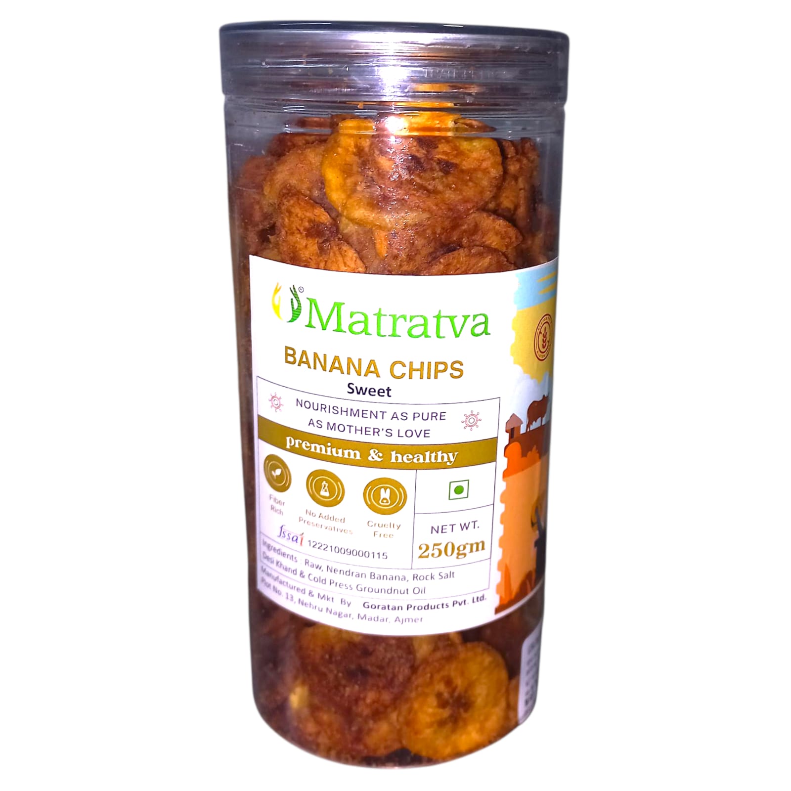 Chips | Banana Chips (Sweet) - Made With Organic Ingredients - Healthy - Not Fried - Gluten Free, Cruelty Free, High In Fibre & No Added Preservatives - Matratva - 250gm