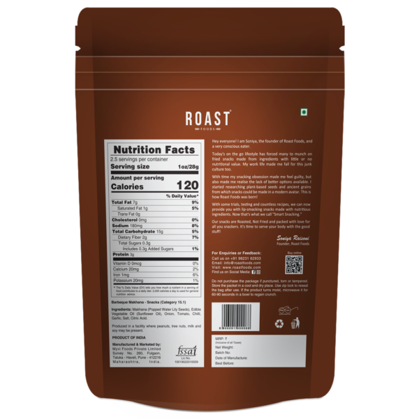 Makhana | Barbeque – 3g Protein Per Serving – Roasted – Not Fried – Gluten Free, No Added Artificial Colour, Trans Fat Free & No Added Preservatives – ROAST FOODS – 70gm