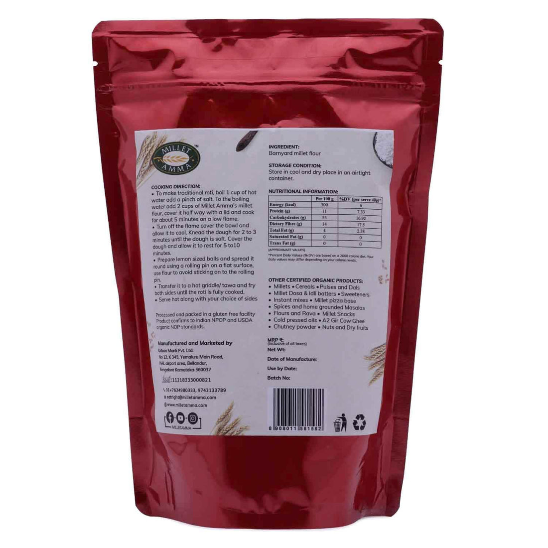 Flour | Barnyard Millet Flor - Made With Unpolished Grains - Vegan & Gluten Free – Millet Amma – 500gm