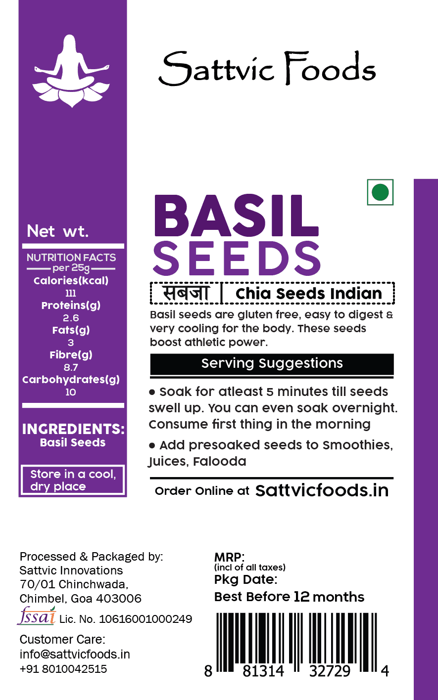Basil Seeds (Sabja / Indian Chia Seeds) – USDA Organic - Gluten Free, Rich In Protein & High Fiber - Sattvic Foods – 100 gm