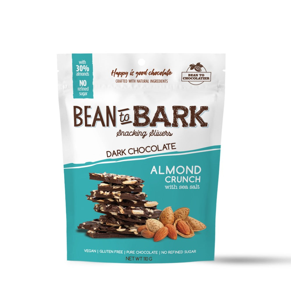 Bean To Bark Dark Chocolate Almond Crunch - Vegan, Gluten Free, No Refined Sugar & High Protein - Pink Harvest - 100gm