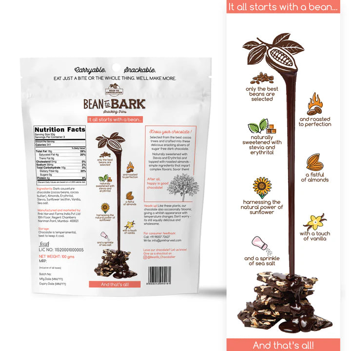 Dark Chocolate Almond Crunch | Bean To Bark Dark Chocolate Almond Crunch - Vegan, Gluten Free, No Refined Sugar & High Protein - Pink Harvest - 100gm