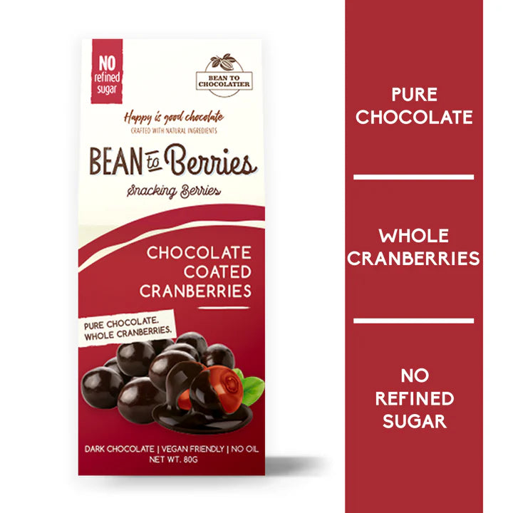 Chocolate Coated | Bean To Berries - Chocolate Coated Cranberries - Vegan, No Oil & No Refined Sugar - Pink Harvest - 80gm