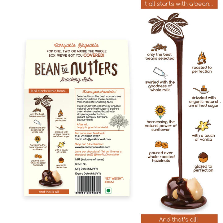 Bean To Nutters - Milk Chocolate Coated Hazelnuts - Gluten Free & No Refined Sugar - Pink Harvest – 100gm