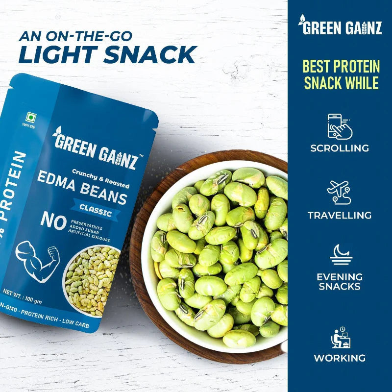 Edama Beans | Crunchy & Roasted (Classic) Edma Beans- 46% Protein Per Serving - Fiber Rich, Protein Rich - Low Carb- No Added Preservatives & Sugar - Green Gainz- 100gm