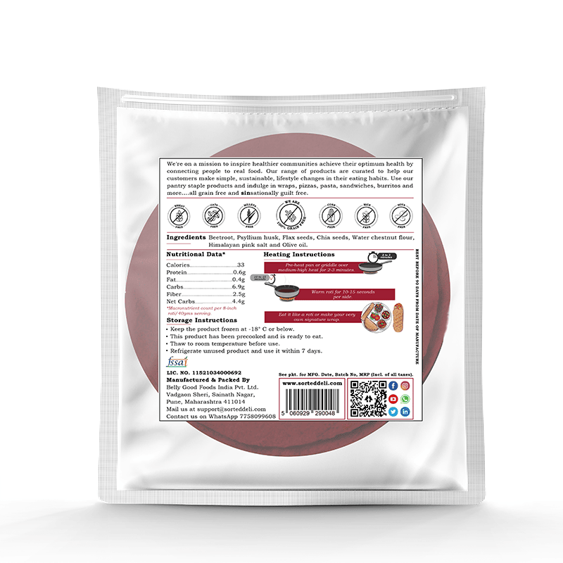 Beetroot Roti | Wrap - Tortilla - Vegan, Gluten Free, Grain Free, No Maida, No Gmo, Diabetic Friendly & Zero Trans Fat - Get Sorted - (Pack Of 5) - 300gm