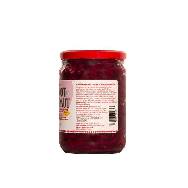 Beetroot Sauerkraut | Traditionally Fermented Probiotic Cabbage With Beetroot - Raw - Real - Natural - No Added Vinegar & No Added Preservatives - Bombucha - 450gm